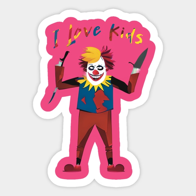 Scary clown with knife I love kids colorful horror Sticker by Dezinesbyem Designs